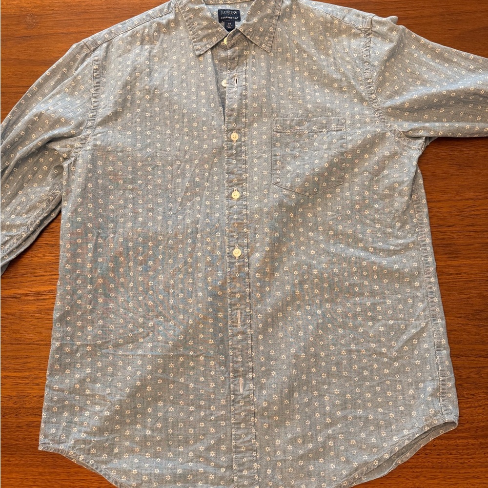 J. Crew Men’s Blue Chambray Button-Down with White Floral Dots
